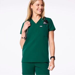 FIGS One-Pocket Short Sleeve V-Neck Scrub Top Hunter Green size Large